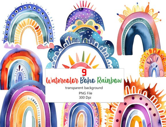 Boho Dreams Watercolor Rainbow Clipart