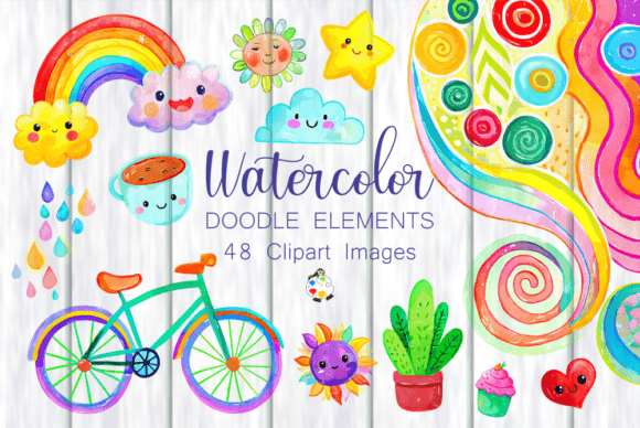 Watercolor Cute Doodle Design Elements